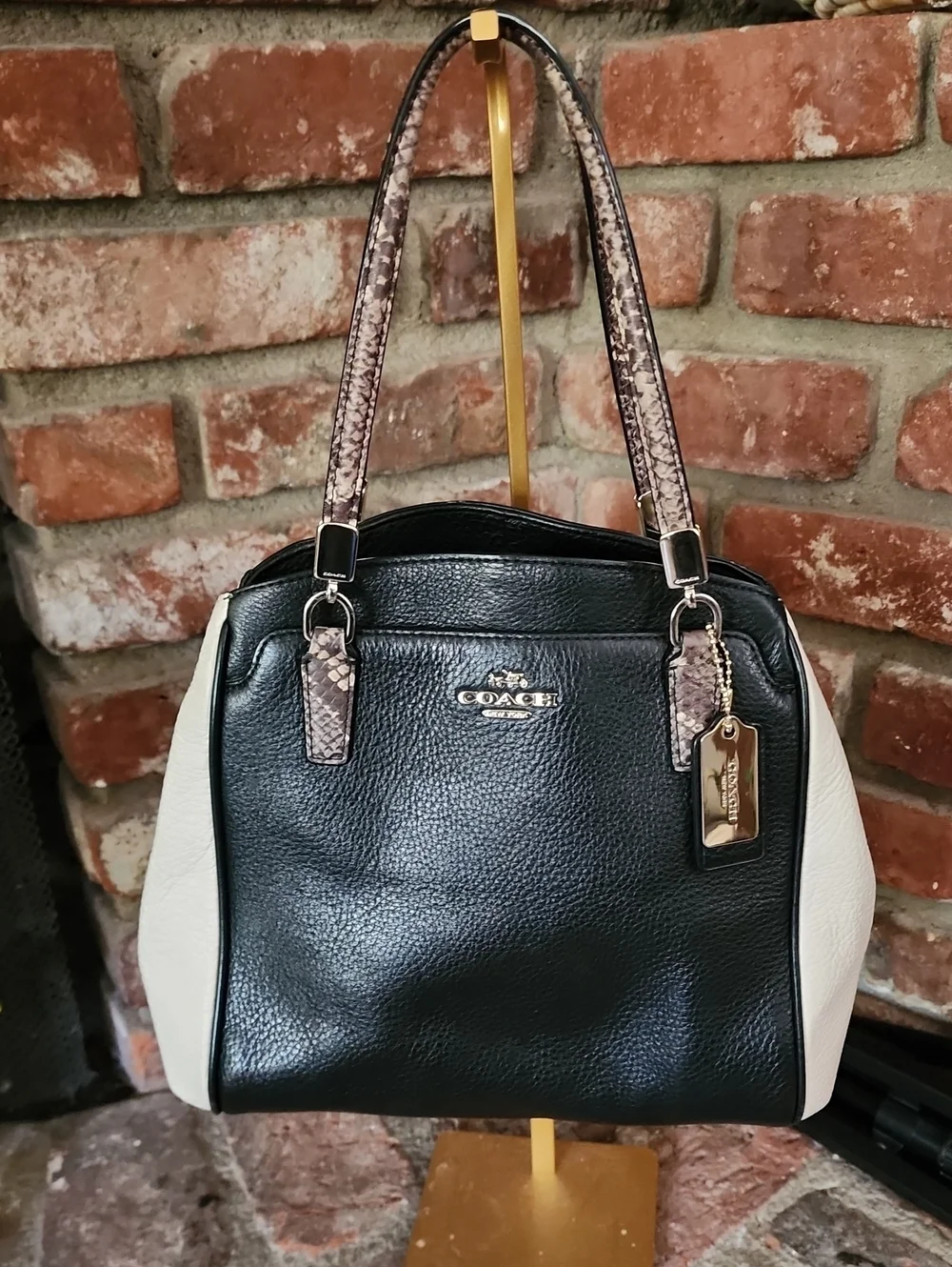 Coach Black Cream MinettaPebbled Leather Shoulder Tote Snake Print Bag